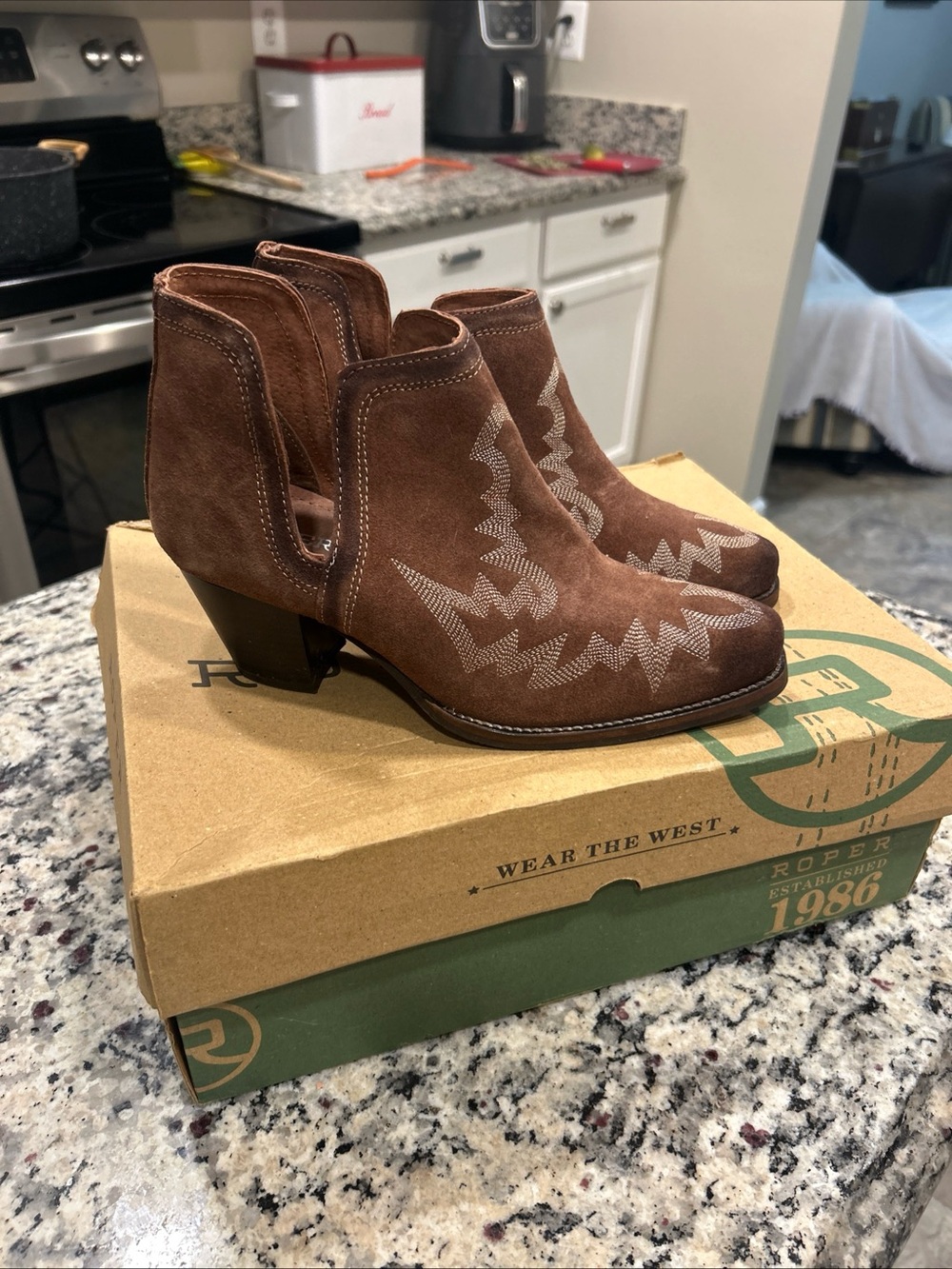 Roper Brown Suede Western Cutout Ankle Booties